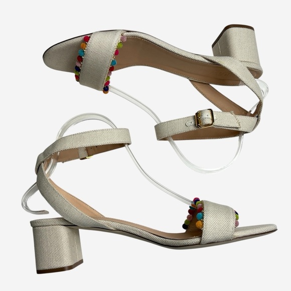 J Crew Lottie Sandals Size 9.5 Rainbow Pom-Pom Ivory Ankle Strap Buckle Closure - Picture 5 of 10
